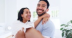 Happy, couple and man carrying woman in home, bonding and funny laugh together. Interracial, holding partner and people smile in support, conversation and walking for healthy relationship in house