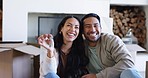 Happy couple, keys and moving in new home, property or investment on mortgage loan or asset. Portrait of man and woman or homeowners smile in real estate, payment or buying in apartment renovation