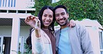 Keys, new house or face of couple moving to property, real estate or investment of homeowner outdoor. Happy portrait, man or hug woman in garden with building key, mortgage loan or dream neighborhood