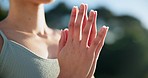 Woman, hands and yoga in relax, meditation or zen workout in outdoor fitness, exercise or nature. Closeup of calm female person or yogi in namaste pose or pilates for spiritual wellness or awareness