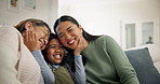 Love, bond and happy child, mother and grandma connect, care and smile for motherhood, childhood and home memory. Lounge, happiness and generation of youth kid, mom and grandmother relax on couch