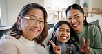 Selfie, peace sign or happy kid, mother and grandmother bonding, home and pose for photography. Living room couch, Emoji V sign or family generation of child, mom and senior grandma with memory photo