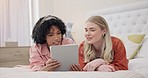 Tablet, women and friends on a bed with social media, streaming and discussion at home. Online, movies and ladies relax in a bedroom with conversation, internet and subscription service survey