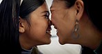 Face, mother and daughter with eskimo kiss, nose touching and happiness with love and bonding at home. Family, woman and young girl in living room with smile, fun together and playful with affection