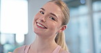 Face, smile and portrait of young woman with glowing skin, happiness and fitness. Headshot of happy and natural person with perfect teeth and confidence in health and wellness from Australia