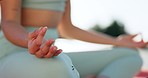 Woman, hands and yoga in meditation, zen exercise or outdoor fitness workout in nature. Closeup of female person or calm yogi in relax, pilates or inner peace for spiritual wellness or awareness