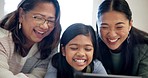 Laugh, tablet and face of happy family child, mom and grandma watch comedy film, video and playing funny game. Relax kid, mother and grandmother lying on floor, home living room and reading meme joke