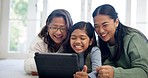 Family, girl and grandmother on tablet selfie, funny meme and social media for e learning, online education or games at home. Women, mom and child on digital technology, video call and laugh together