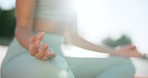 Calm woman, hands and yoga in meditation, zen exercise or outdoor fitness workout in nature. Closeup of female person or yogi in relax, pilates or inner peace for spiritual wellness or awareness