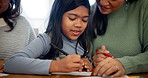 Drawing, grandmother and mother help child writing homework as support or care on a home table together. Learning, development and happy parent with mom teaching kid creativity and growth as student