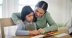 Education, drawing and mother home school child writing homework as support or care on a home table together. Learning, development and happy parent teaching kid creativity and growth as student