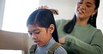 Home, girl and mother brushing hair, conversation and love and with grooming, routine and speaking. Family, relax or mama with child, kid and brush for hairstyle, care and talking with discussion