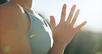 Woman, hands and yoga in meditation, zen workout or relax in outdoor fitness, exercise or nature. Closeup of calm female person or yogi in namaste pose or pilates for spiritual wellness or awareness