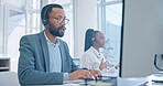 Computer, customer service and communication with a black man consultant working in a call center for support or assistance. Contact, crm and headset with an employee consulting in a sales office