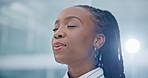 Relax, breathing and peace with business black woman in office for calm, anxiety and relief. Happy, mental health and fatigue with face of tired employee for satisfaction, frustrated and exhausted