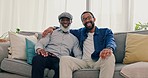 Father, man and portrait with hug in a home with a smile and bonding in living room. Happy, black people and house with love, care and support with grandpa in lounge relax together with senior dad