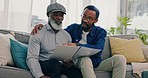 Home, father and son with documents, conversation and planning for pension fund, retirement and discussion. Family, black men or dad with adult child on a couch or paperwork for insurance or property