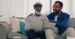 Home, father and son with documents, talking and planning for pension fund, insurance and discussion. Family, black men or dad with adult on a couch, folder or paperwork for retirement or property
