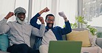 Home, father and son with a laptop, celebration and achievement with happiness, social media and connection. Black men, family or dad with adult child, pc and cheering with success or smile on a sofa