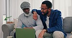 Senior father, son and watching on laptop in a living room at home with app streaming online. Conversation, family and internet with bonding, web subscription and computer of black people together