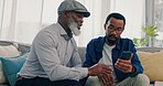 Home, father and son with a cellphone, connection or email notification with network, internet or contact. Family, black men on a couch or adult with smartphone, mobile app or text with social media