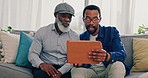 Relax, smile and father with son, tablet or conversation with communication, connection or social media. Home, old dad or black men on a couch, technology or internet with discussion, email or family