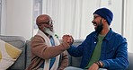 Family, handshake and laughing on sofa with greeting, motivation and fun with man and grandpa. Living room, support and love in a lounge together with a happy smile, solidarity and black people
