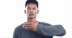 Hand, face and emotion change with a man in studio isolated on a white background for expression. Portrait, bipolar and a young person with a mental health, psychology or split personality disorder