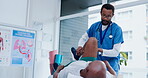 Physiotherapy, stretching legs or doctor with old man in hospital clinic for body healing recovery. Physical therapy, rehabilitation or mature black man consulting medical physician to help injury