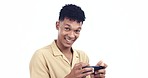 Face, smile and man with a smartphone, video games and excited guy isolated on a white studio background. Portrait, person and model with a cellphone, mobile app and playing online with connection