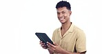 Man, tablet and laugh with reading, studio and face with contact, web blog or comic meme by white background. Student guy, digital touchscreen and happy in portrait, social media or funny post on app