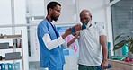 Rehabilitation exercise, old man and physiotherapist with dumbbell, support and healthcare fitness coach. Physio in senior care, caregiver and elderly patient in mobility training clinic in Africa.