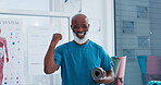Senior, happy black man and yoga in fist pump, winning or success in fitness, workout or exercise at clinic. Portrait of mature excited African male person or yogi in healthy wellness or mindfulness