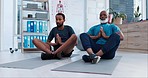 Prayer, yoga or black people for meditation, wellness or fitness exercise in zen studio to relax together. Balance, African men or healthy senior coach training in calm pose for mindfulness or peace