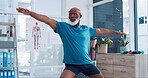 Fitness, yoga and rehabilitation with a senior black man in a physiotherapy office for training or wellness. Exercise, workout and recovery with an elderly patient in a clinic for physical therapy