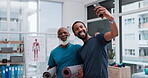 Happy black people, yoga and selfie in photography, memory or zen exercise, workout and fitness at clinic. Excited African men or yogi smile for photograph, vlog or social media together at hospital