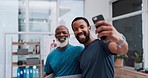Happy black people, yoga and selfie in memory, photography or zen exercise, workout and fitness at clinic. Excited African men or yogi smile for photograph, vlog or social media together at hospital