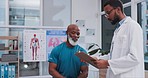 Clipboard, healthcare and doctor with senior patient in a clinic for a recovery checkup or consultation. Career, checklist and African male chiropractor talking to elderly man for physical assessment