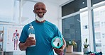 Happy senior black man, yoga and fitness in zen workout, exercise or training with water bottle and mat at clinic. Portrait of mature African male person or yogi smile in healthy wellness at hospital