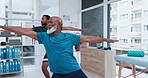 Yoga, stretching and a black man with a coach for exercise, fitness and a zen workout together. Health, wellness and a senior African person with a trainer for pilates training, balance or gym