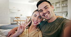 Couple, face and peace in home for selfie, smile and live streaming vlog together. Portrait of happy man, woman and v sign for profile picture with hand emoji, social media and photography for memory