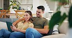 Home, smile and couple with a tablet, connection and website information with social media, meme and network. People, man or woman with tech, relax or typing with love, discussion or online streaming