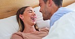 Relax, love and happy with couple in bedroom for sleep, connection and support in the morning. Care, wake up and commitment with man and woman in bed at home for partner, marriage and smile together