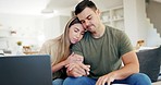 Hug, debt or couple with laptop, budget or banking documents for taxes together at home.  Depression, man or sad woman frustrated by financial debt, investment portfolio loss or insurance on loan 