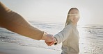 Beach, sunset and couple holding hands walking for love, relaxing and commitment in nature. Healthy relationship, dating and happy woman and man embrace by ocean for holiday, vacation and honeymoon