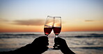 Toast, Champagne and hands, silhouette and sunset, couple at beach on romantic date outdoor with sea. Alcohol drink, cheers and celebrate, anniversary or honeymoon with travel and people on holiday 