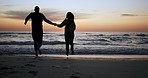 Couple are running into ocean, silhouette and sunset with fun, game and bonding with love on romantic date outdoor. Man, woman in healthy relationship with adventure, beach and energy with freedom