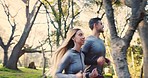 Forest, exercise and couple running, wellness and fitness with training, workout and fresh air. Healthy people, man and woman in the woods, runner and sports with motivation, cardio and challenge