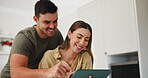 Tablet, diet and a couple cooking food in their kitchen together for health, wellness or nutrition. Technology, health or recipe with a man and woman in their house to prepare a meal for supper