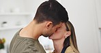 Love, home kitchen and happy couple kiss, connect and bonding in intimate moment, relationship or support. Happiness, face and marriage people, man or woman with partner care, trust and together